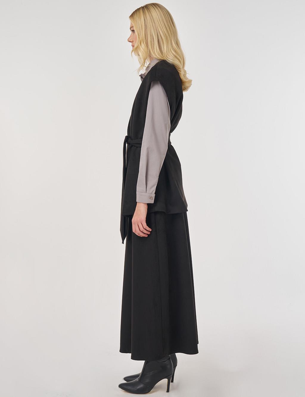 Suede Skirt Suit with Belt Detail in Black