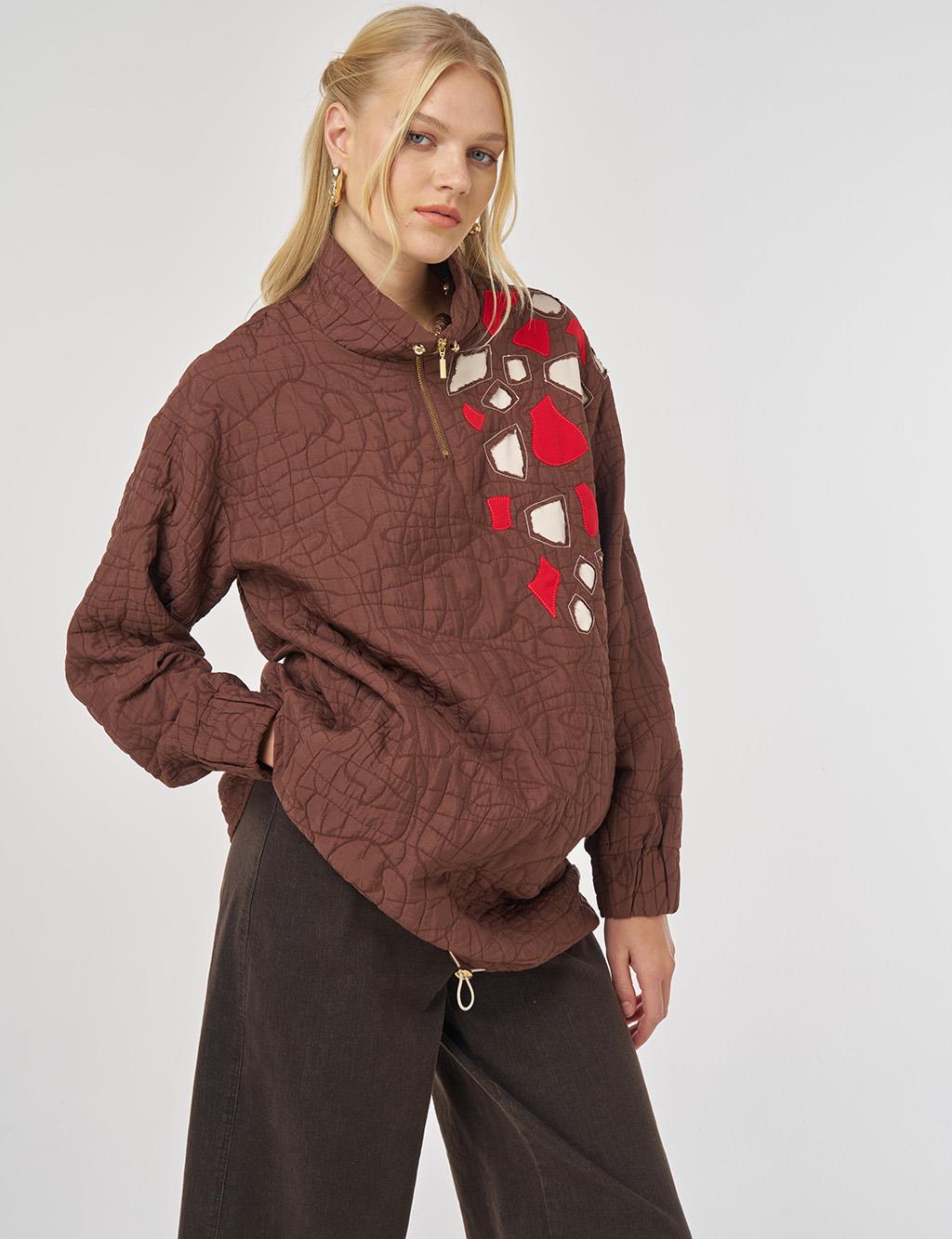 Stand-up Collar Embossed Tunic in Brown