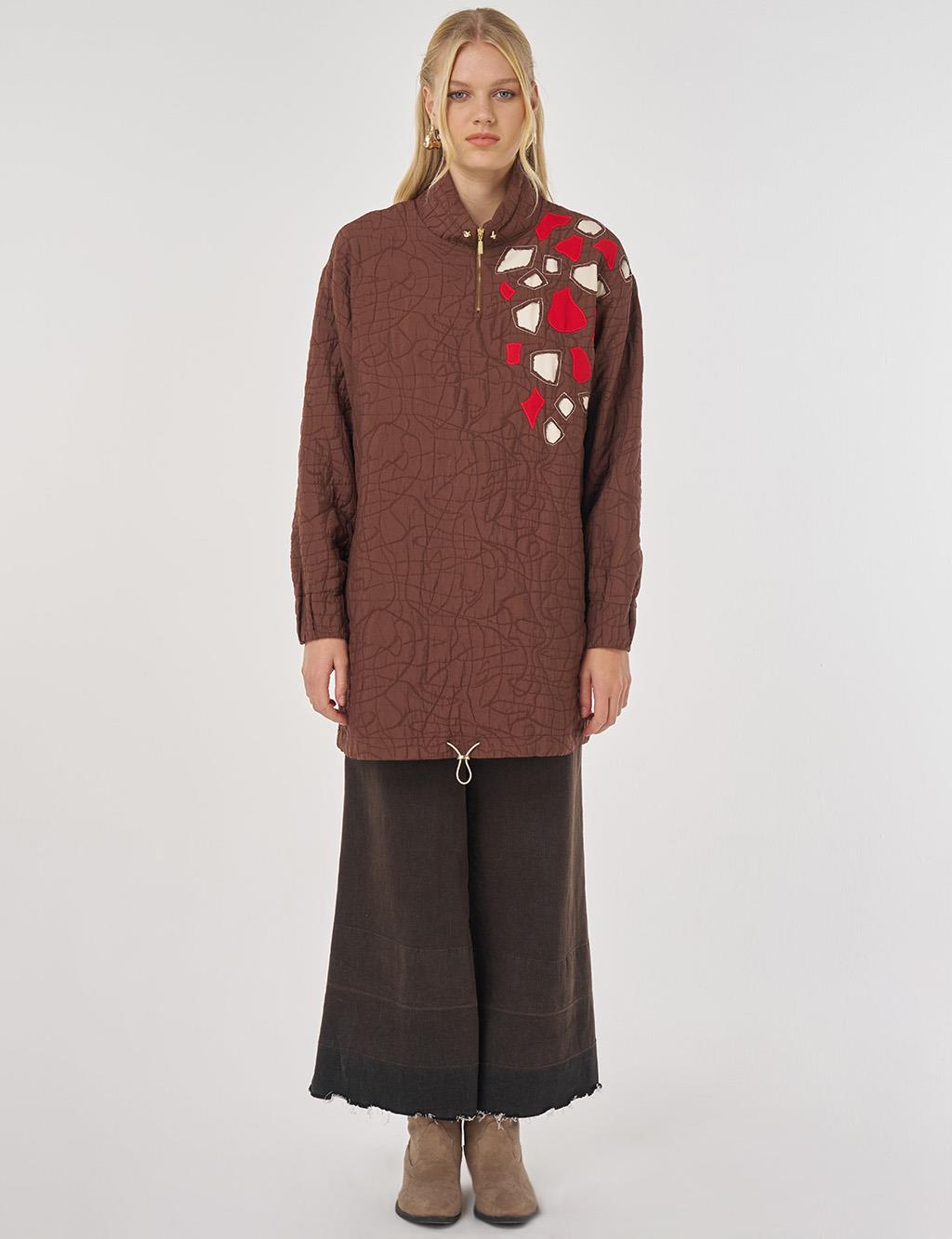 Stand-up Collar Embossed Tunic in Brown