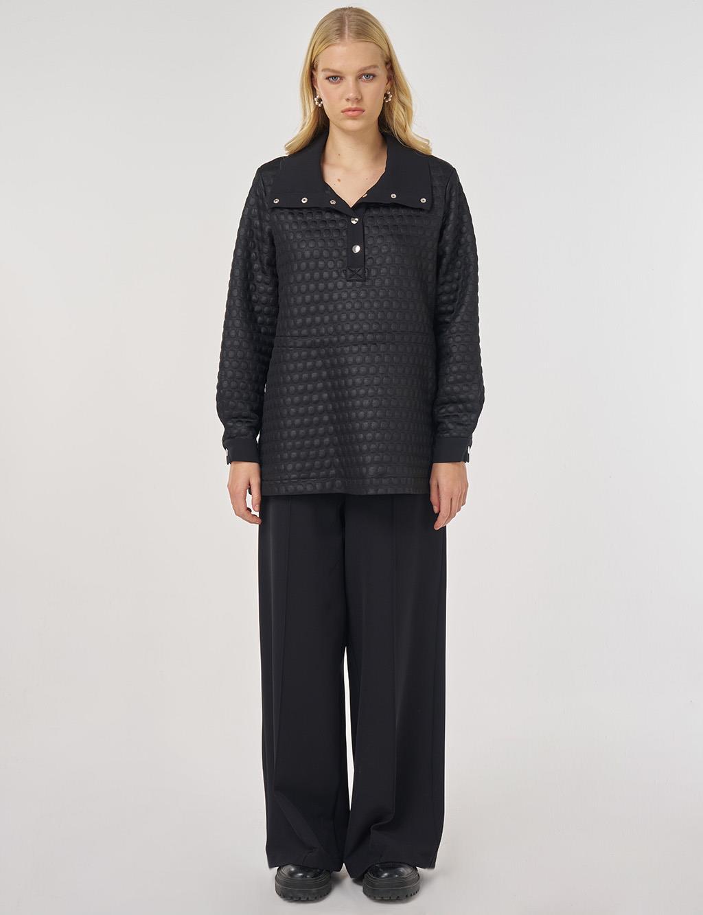 Geniş Yaka Dokulu İkili Takım Siyah 