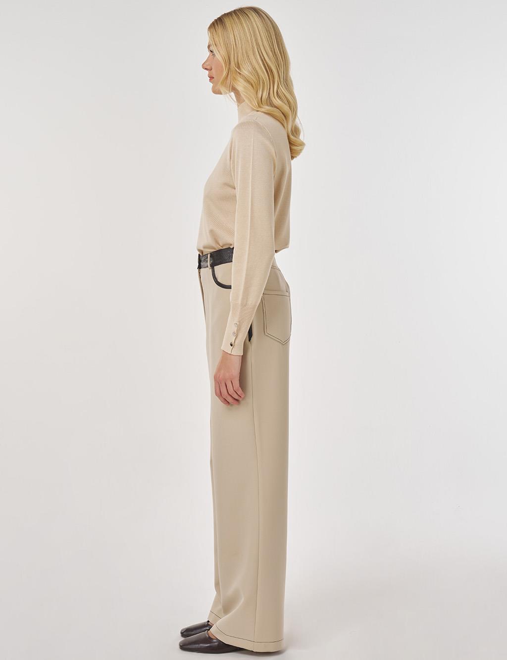 Leather-trimmed Fabric Trousers in Stone