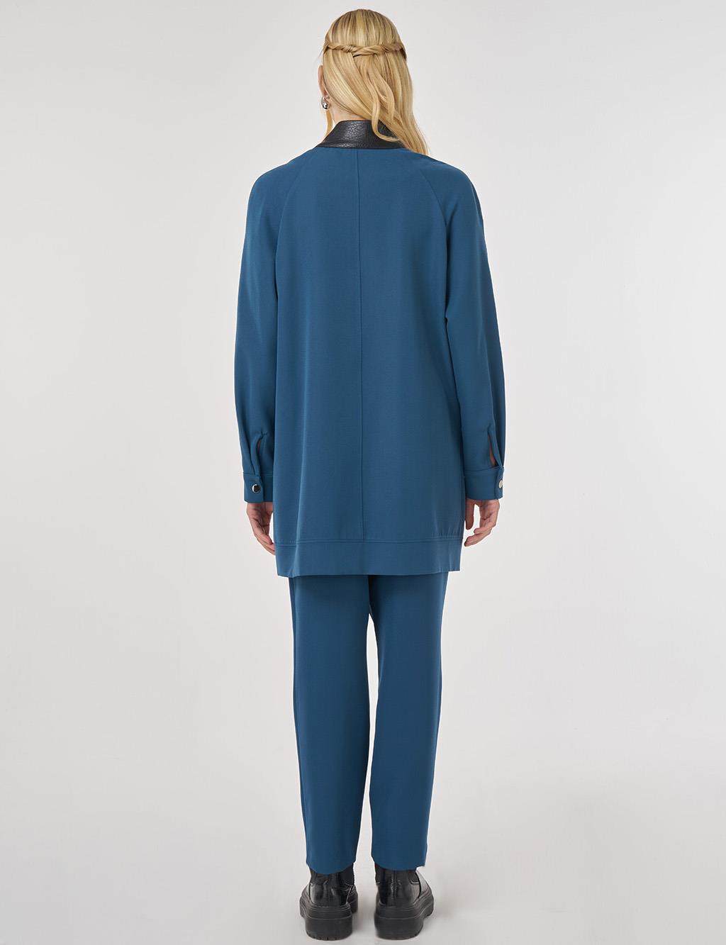 Relaxed-Fit Two-Piece Set with Faux Leather Collar in Petrol