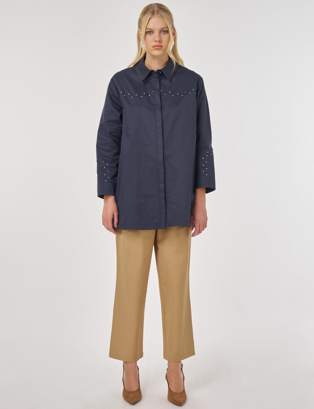 Trok Baskılı Pamuklu Tunik Koyu Lacivert