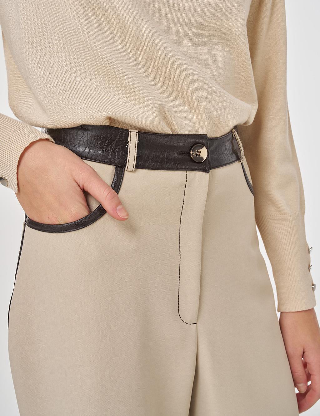 Leather-trimmed Fabric Trousers in Stone