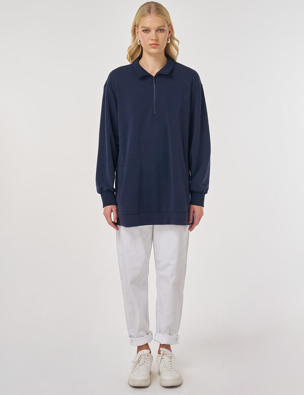 Dik Yaka Sweatshirt Koyu Lacivert