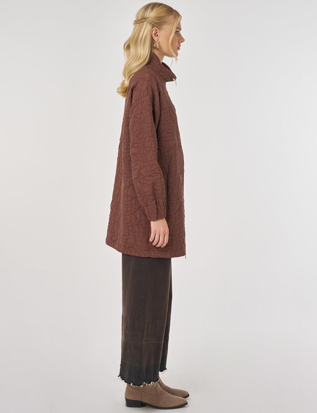 Stand-up Collar Embossed Tunic in Brown