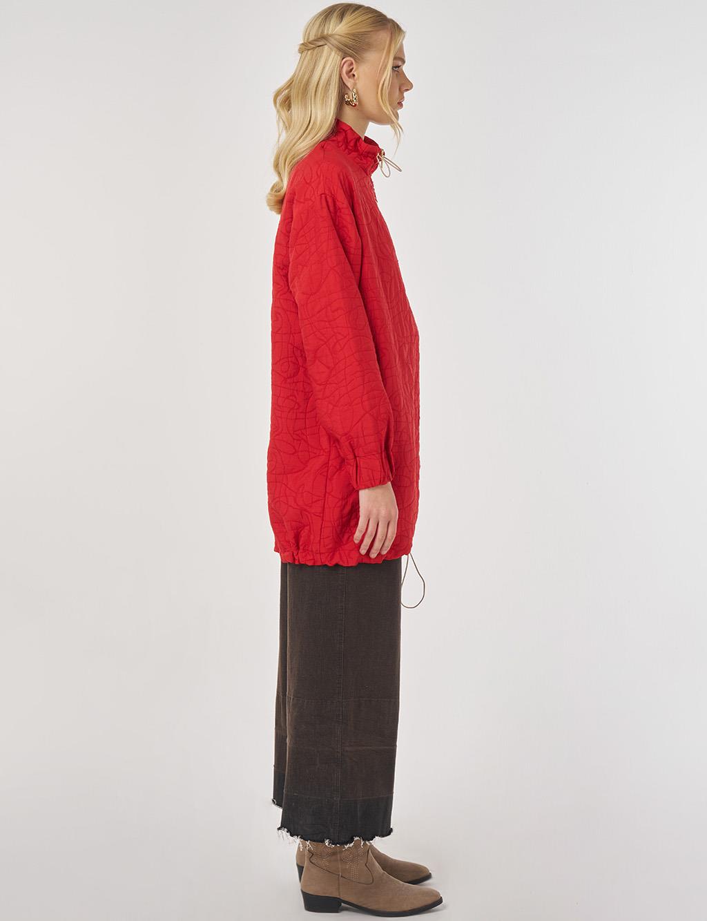 Stand Collar Textured Tunic in Red