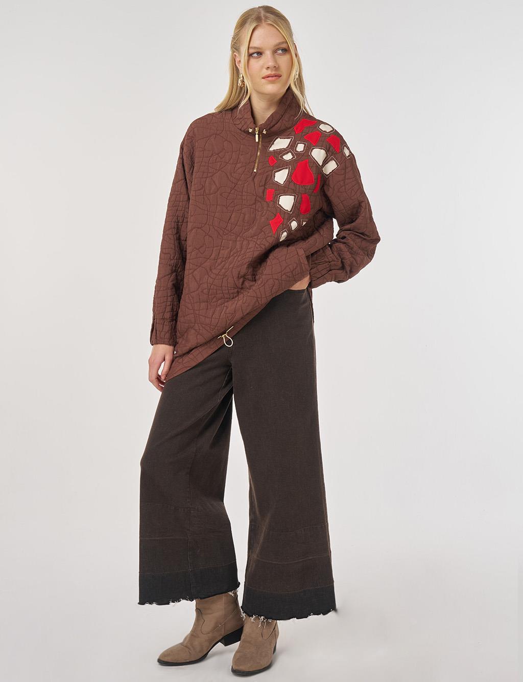 Stand-up Collar Embossed Tunic in Brown