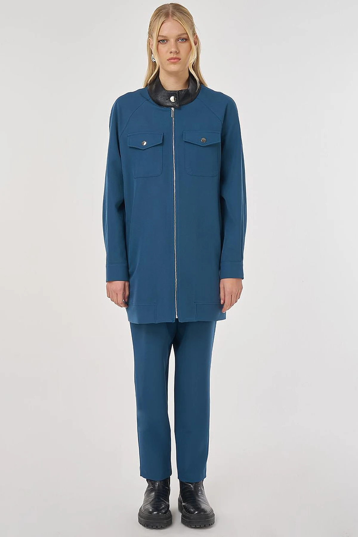 Relaxed-Fit Two-Piece Set with Faux Leather Collar in Petrol