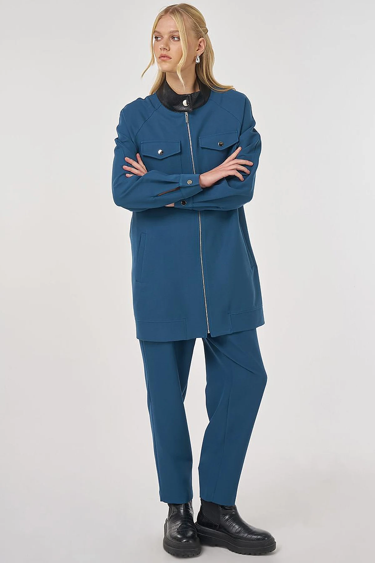 Relaxed-Fit Two-Piece Set with Faux Leather Collar in Petrol