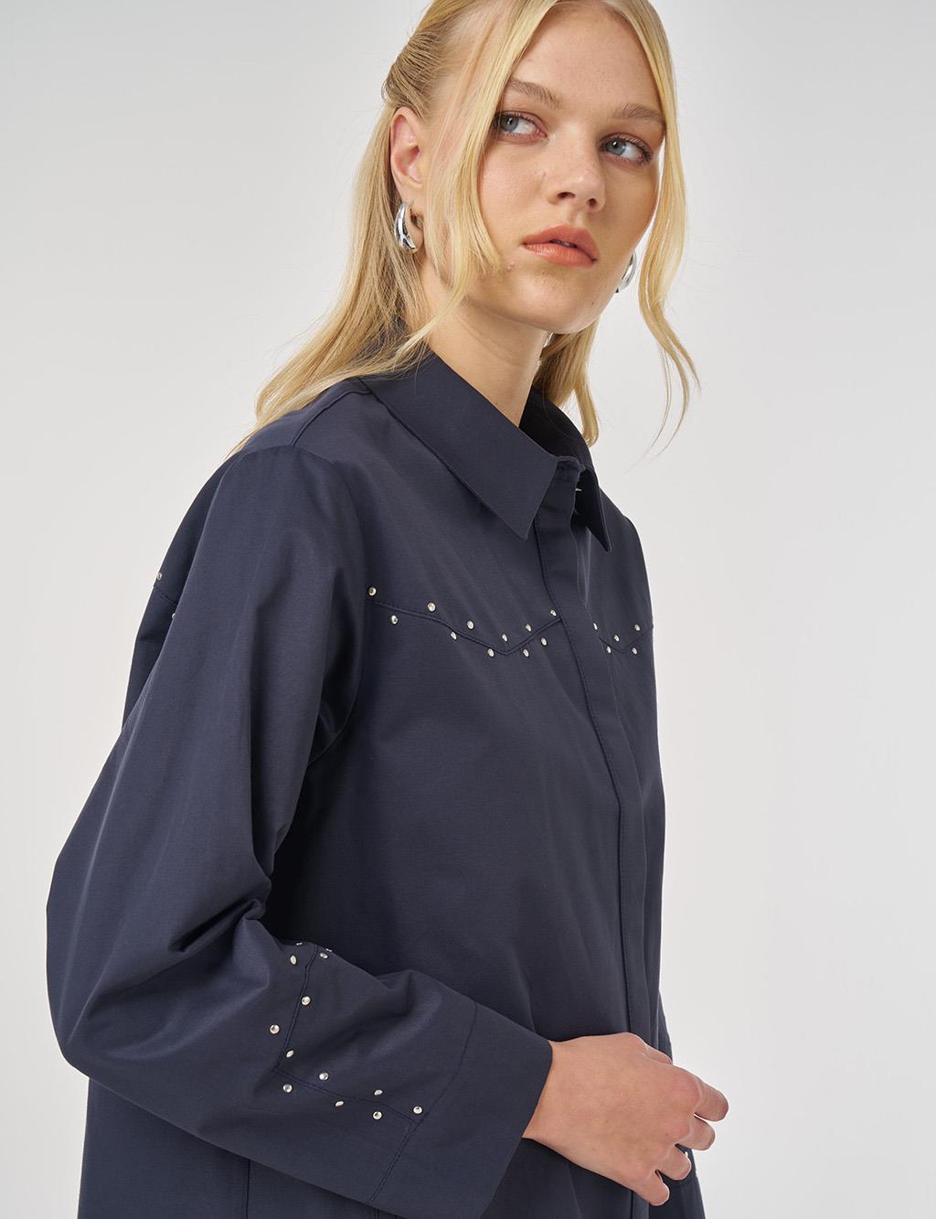 Trok Baskılı Pamuklu Tunik Koyu Lacivert