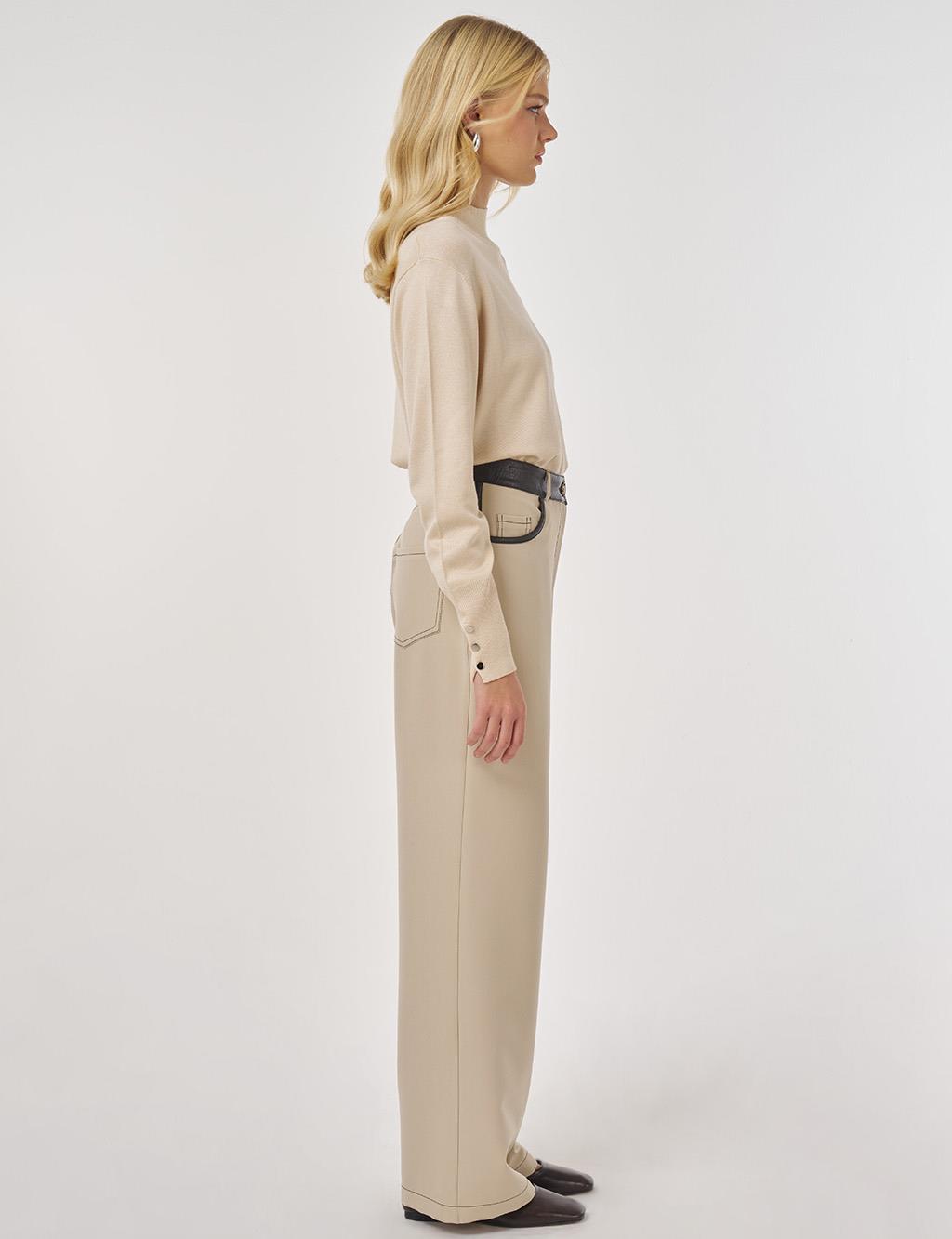Leather-trimmed Fabric Trousers in Stone