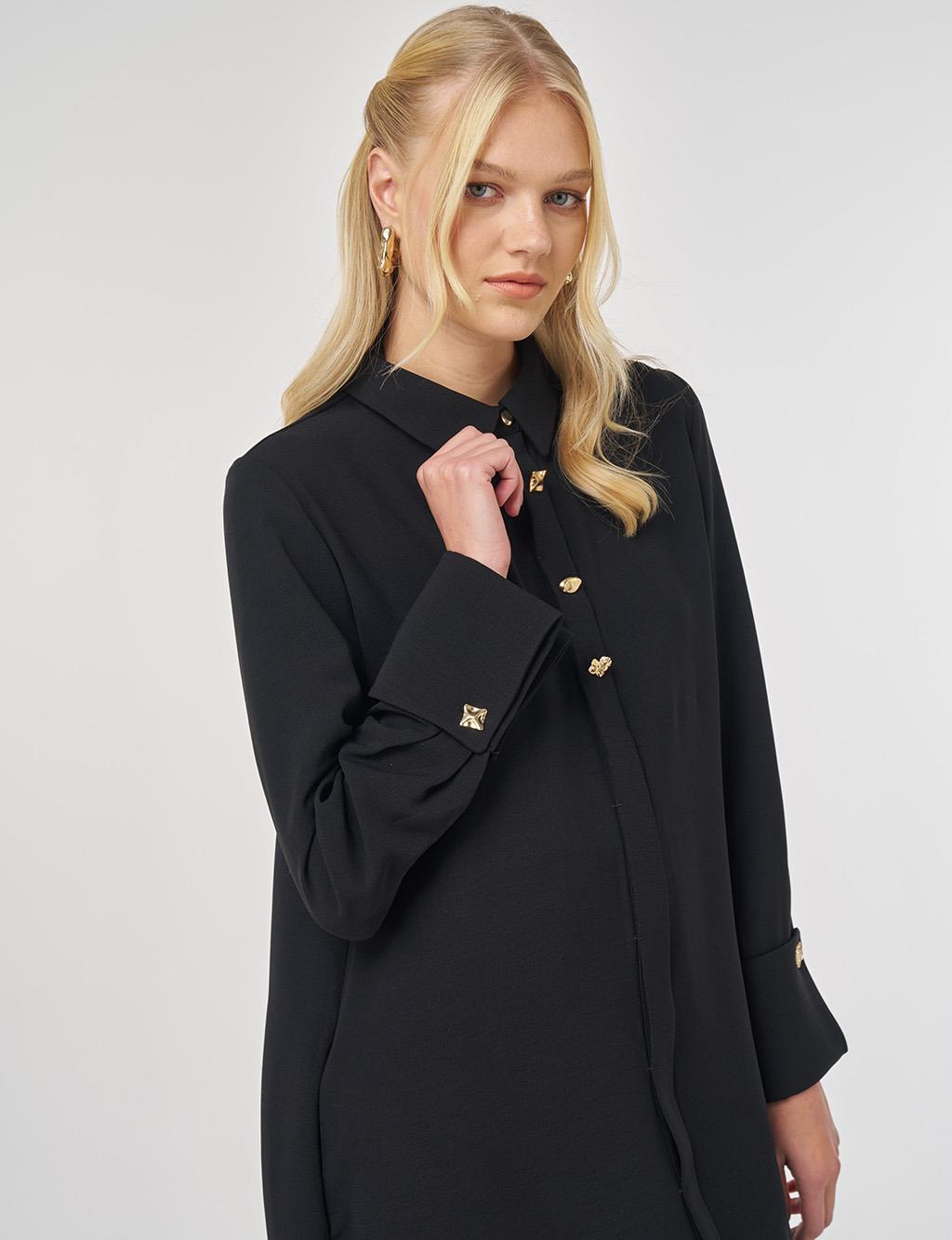 Shiny Button Long Tunic in Black