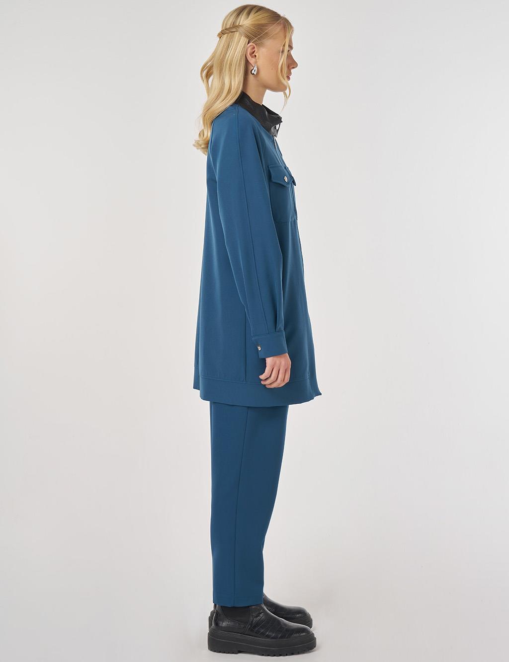 Relaxed-Fit Two-Piece Set with Faux Leather Collar in Petrol