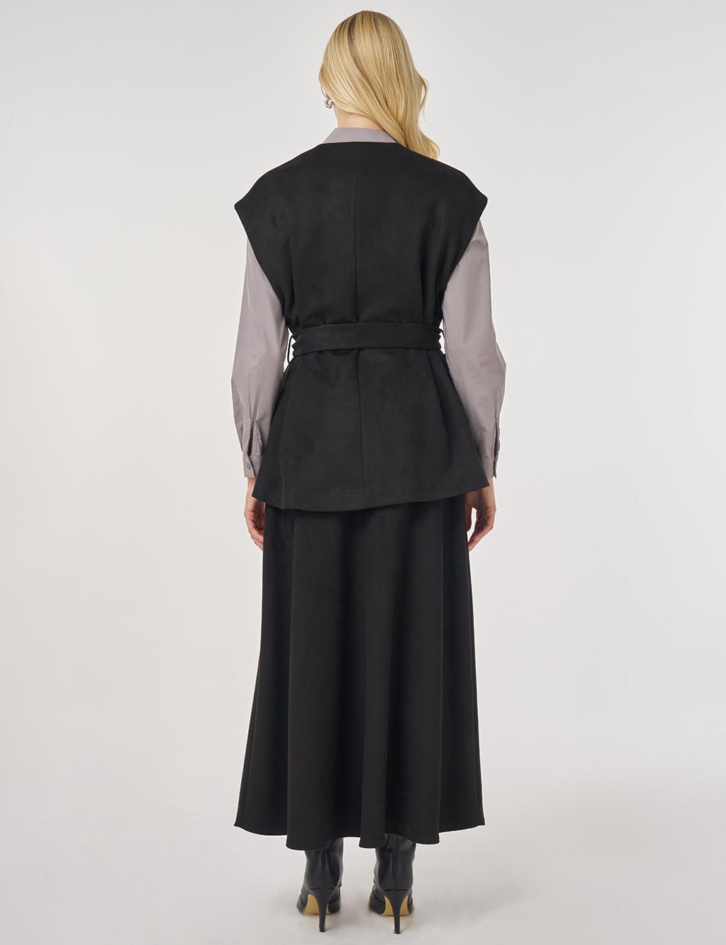 Suede Skirt Suit with Belt Detail in Black