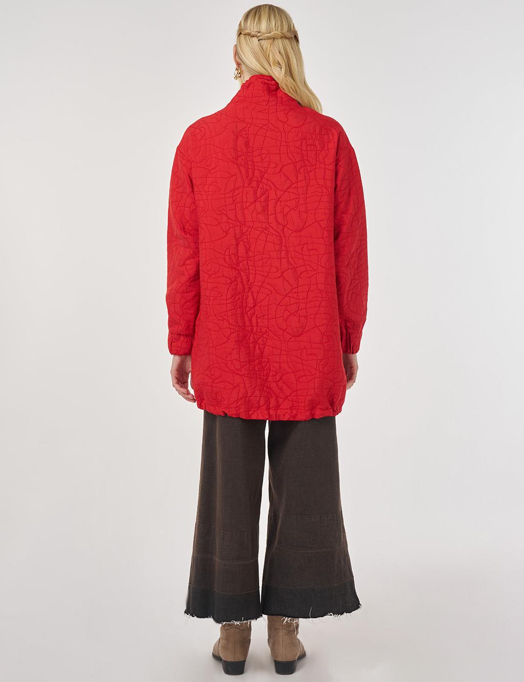 Stand Collar Textured Tunic in Red