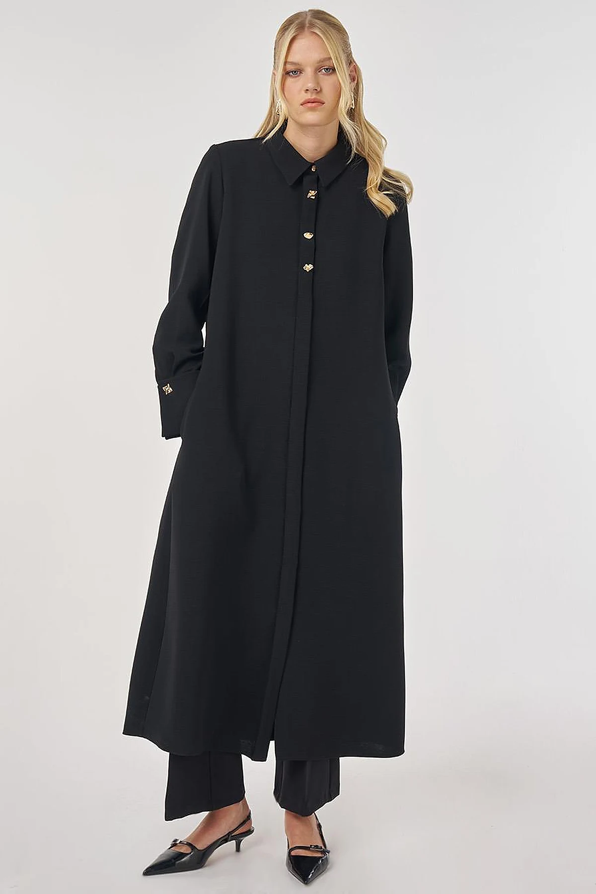 Shiny Button Long Tunic in Black