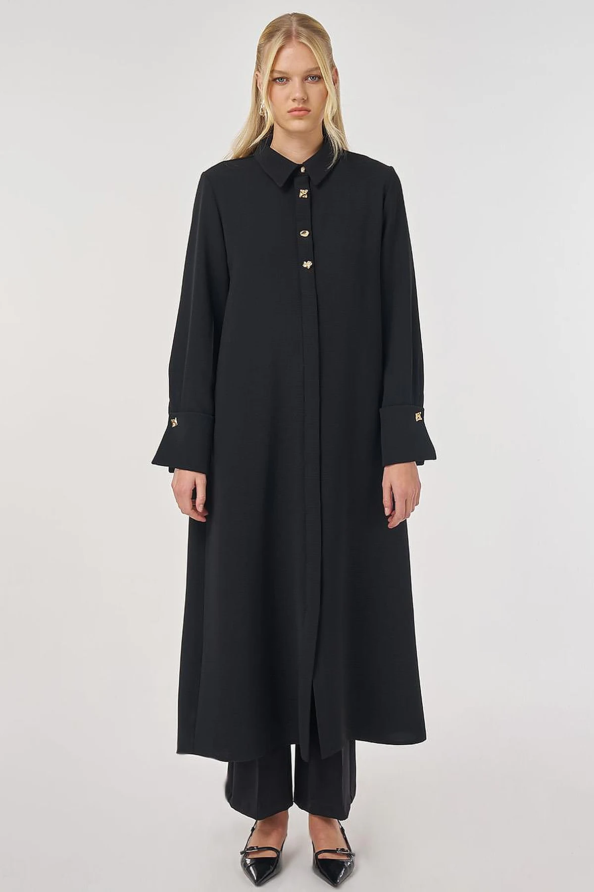 Shiny Button Long Tunic in Black