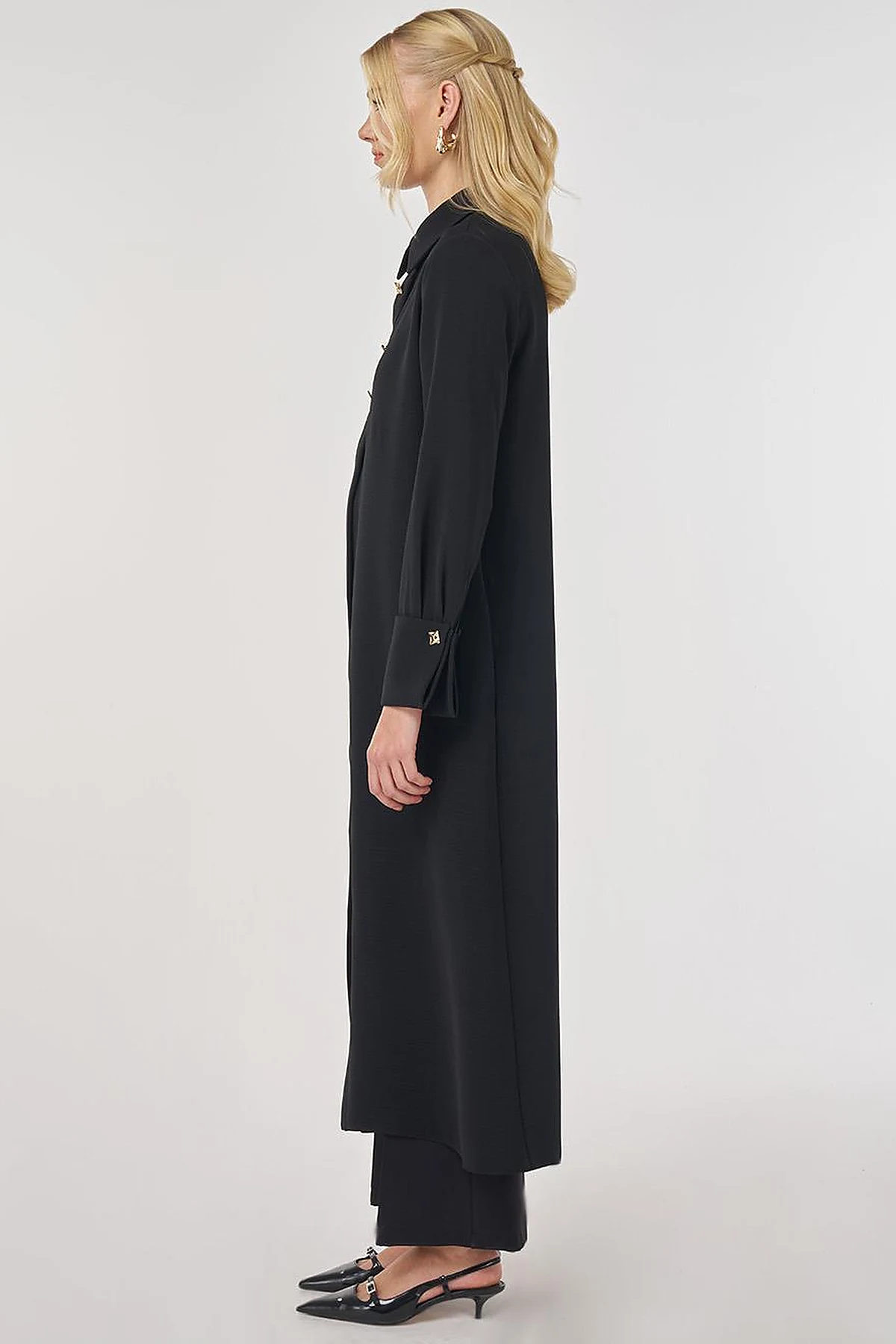 Shiny Button Long Tunic in Black