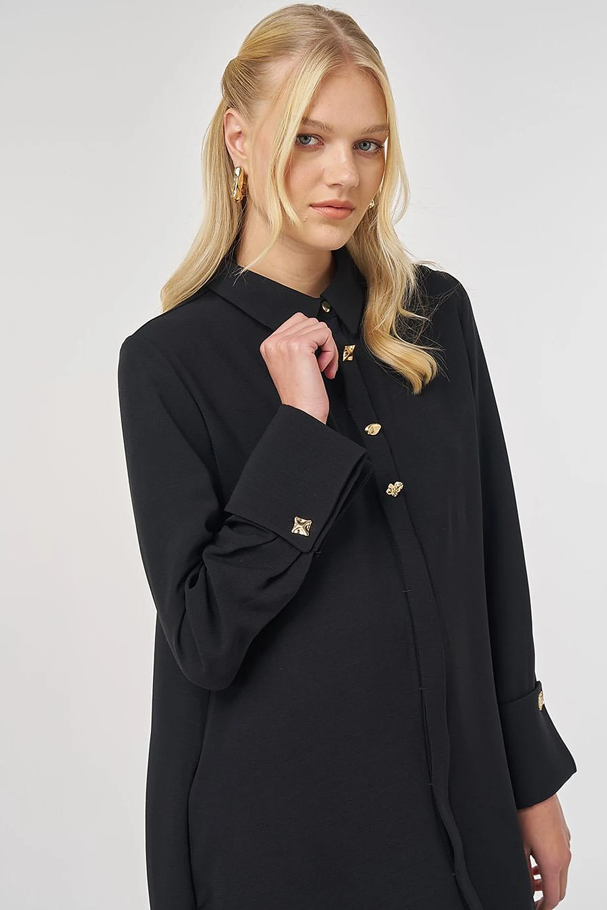 Shiny Button Long Tunic in Black