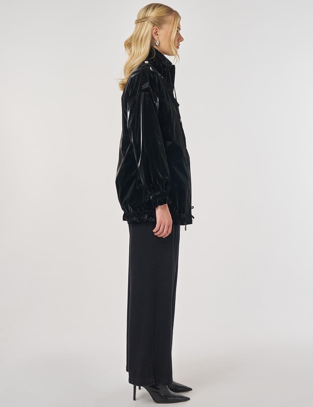 Parlak Görünümlü Dik Yaka Ceket Siyah 