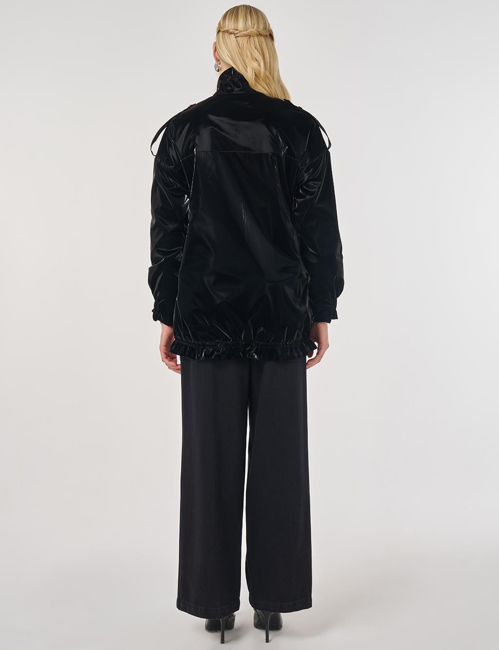 Parlak Görünümlü Dik Yaka Ceket Siyah 