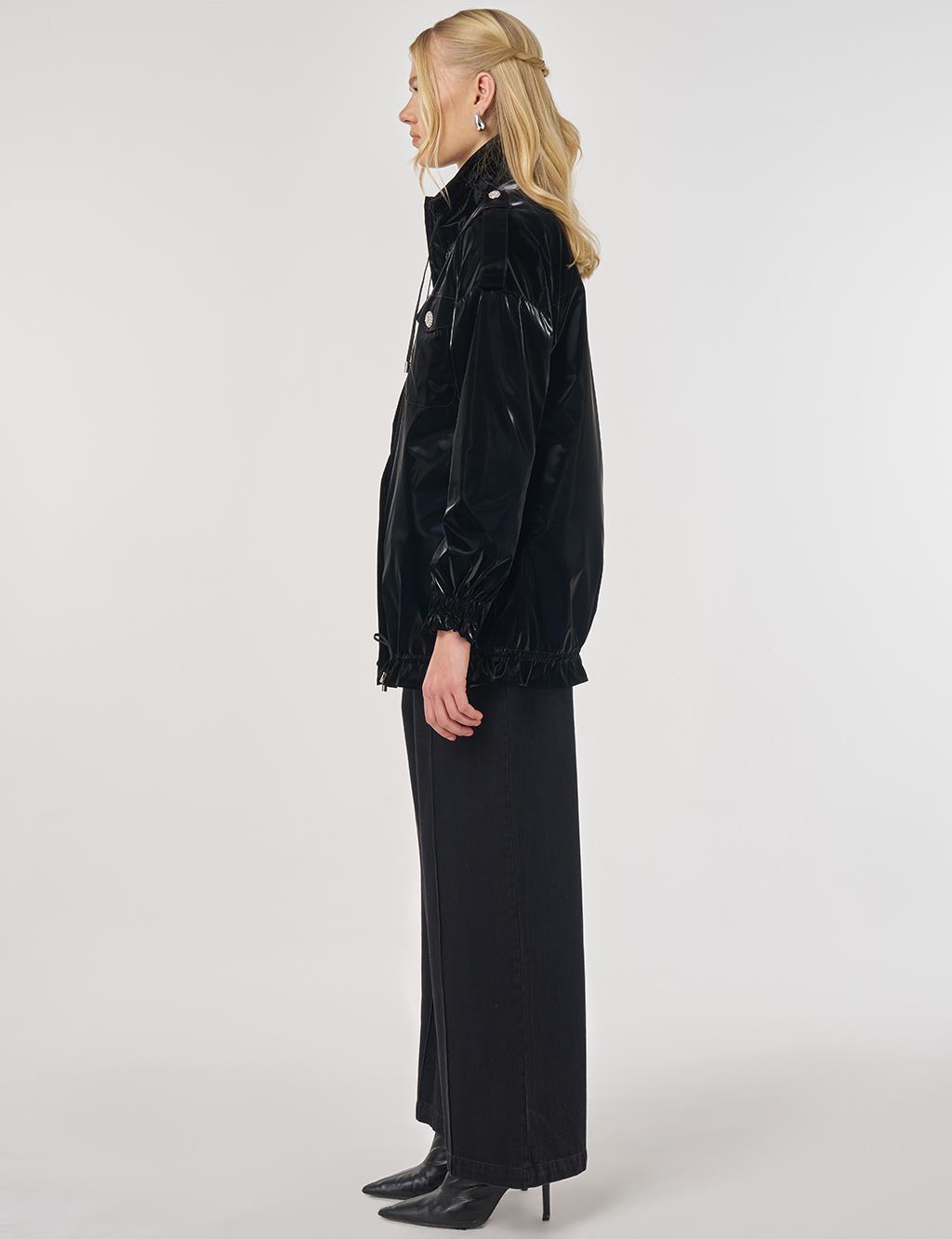 Parlak Görünümlü Dik Yaka Ceket Siyah 