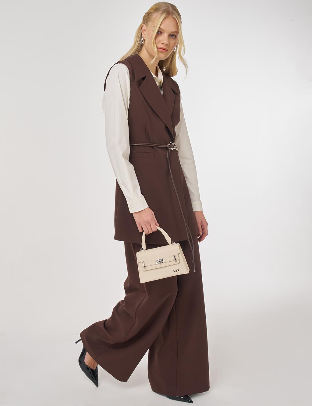 Two-Piece Set with Leather Cord Belt Detail and Vest in Dark Brown