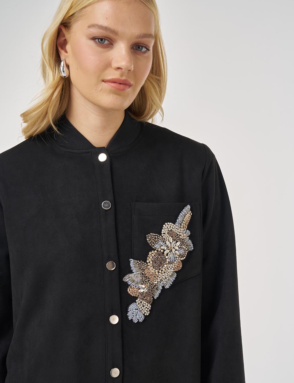 İşlemeli Süet Tunik Siyah