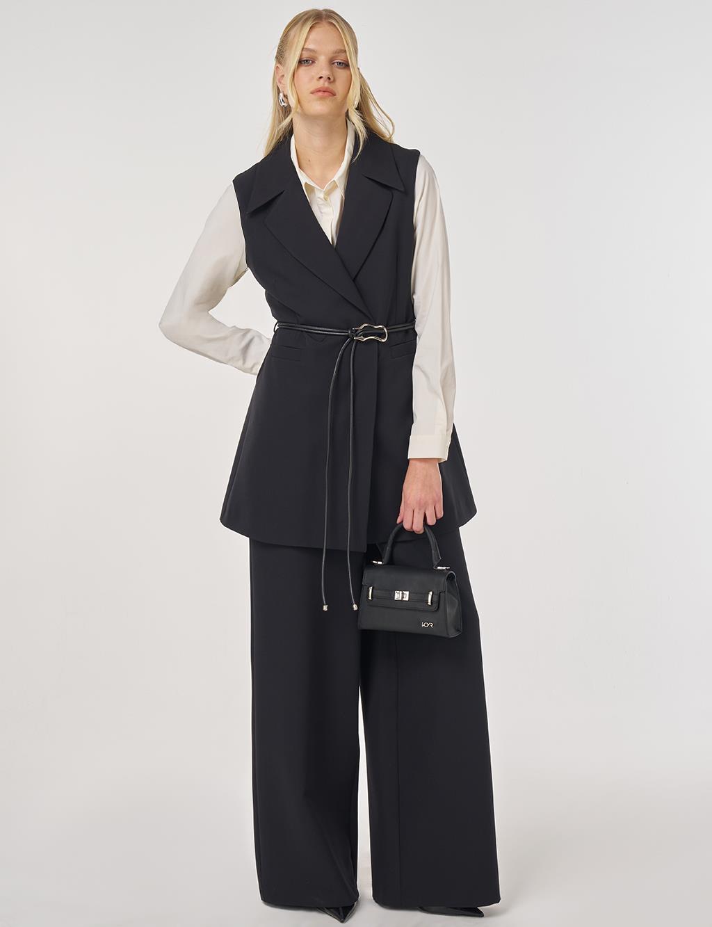 Deri İp Kemer Detaylı Yelekli Takım Siyah 