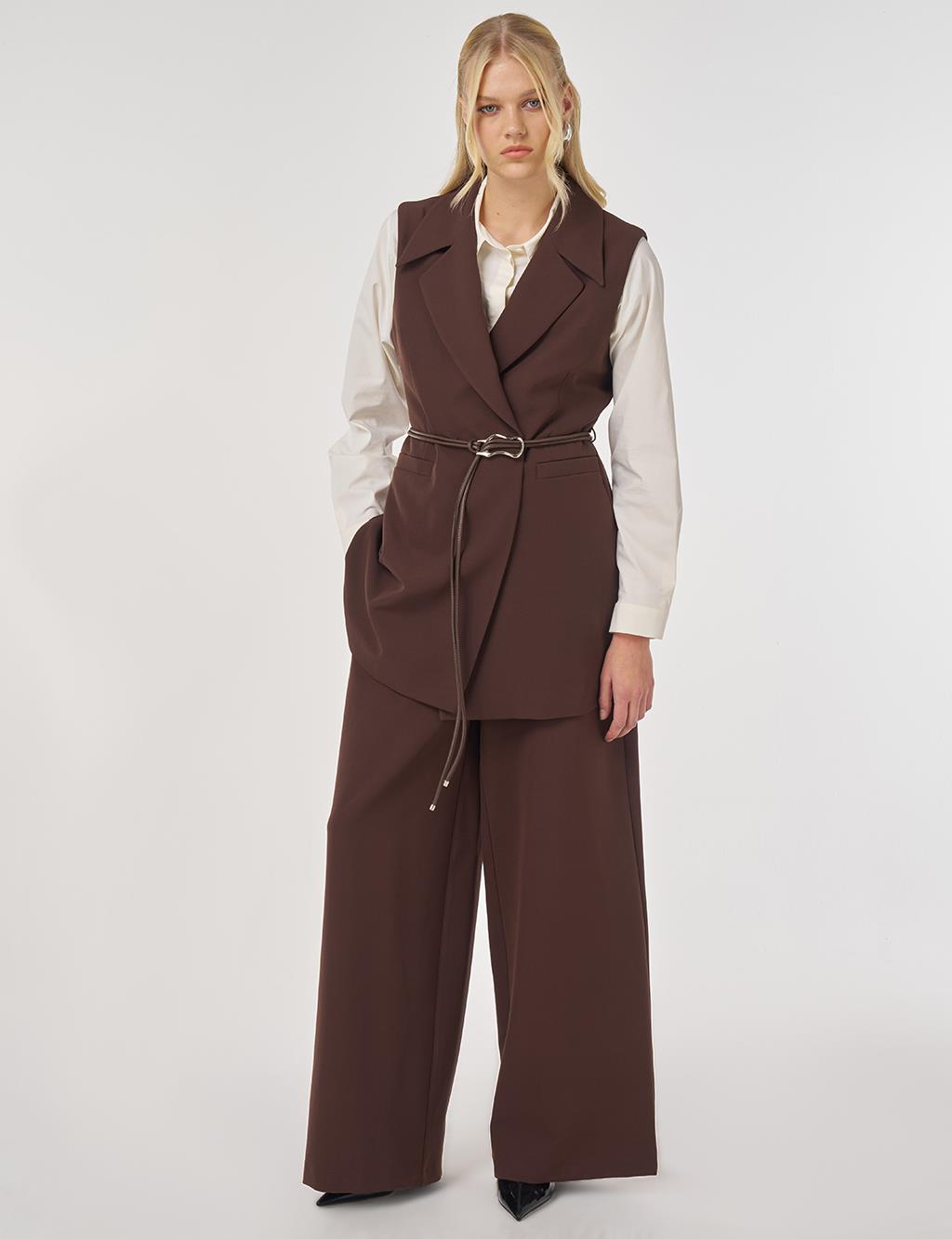 Two-Piece Set with Leather Cord Belt Detail and Vest in Dark Brown
