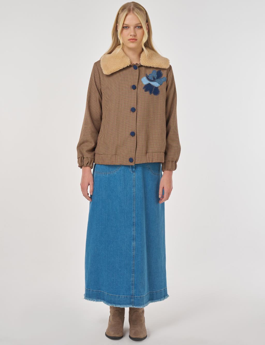 Faux Fur Collar Houndstooth Pattern Jacket Burgundy