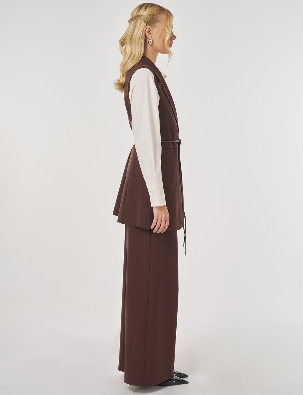 Two-Piece Set with Leather Cord Belt Detail and Vest in Dark Brown