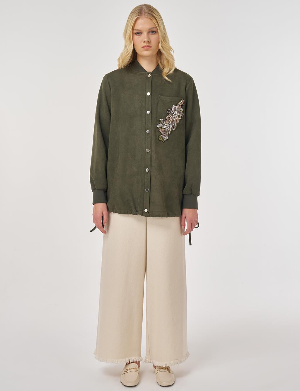 Embroidered Suede Tunic in Dark Khaki