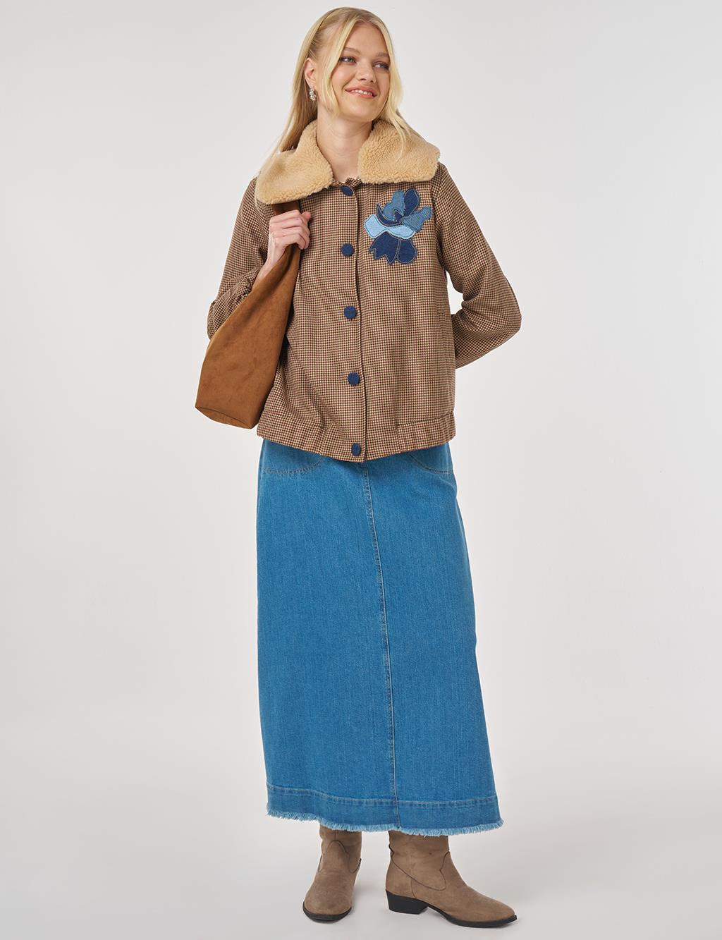 Faux Fur Collar Houndstooth Pattern Jacket Burgundy