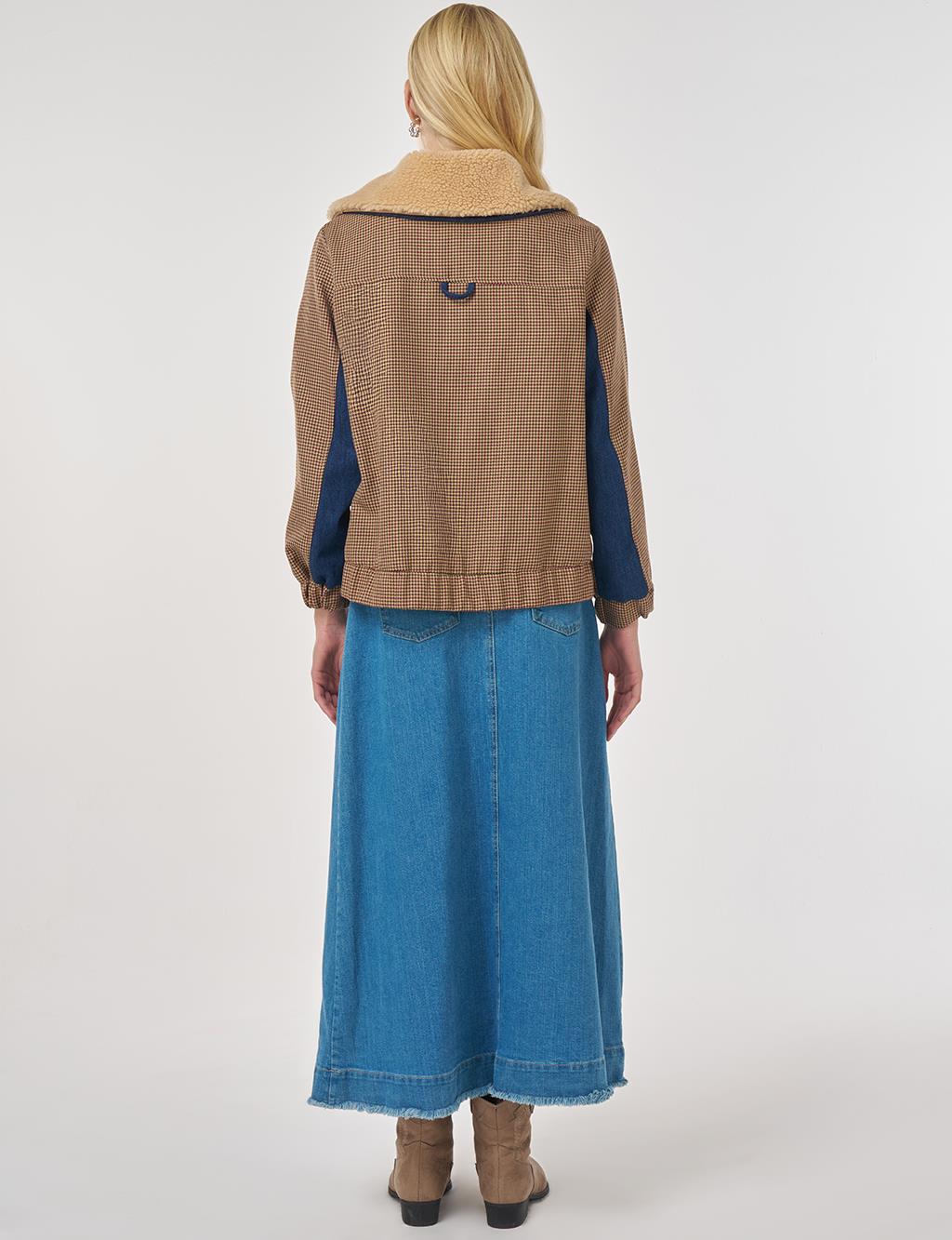 Faux Fur Collar Houndstooth Pattern Jacket Burgundy