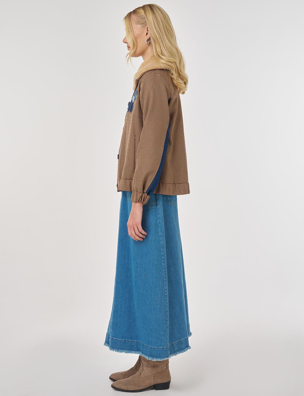 Faux Fur Collar Houndstooth Pattern Jacket Burgundy