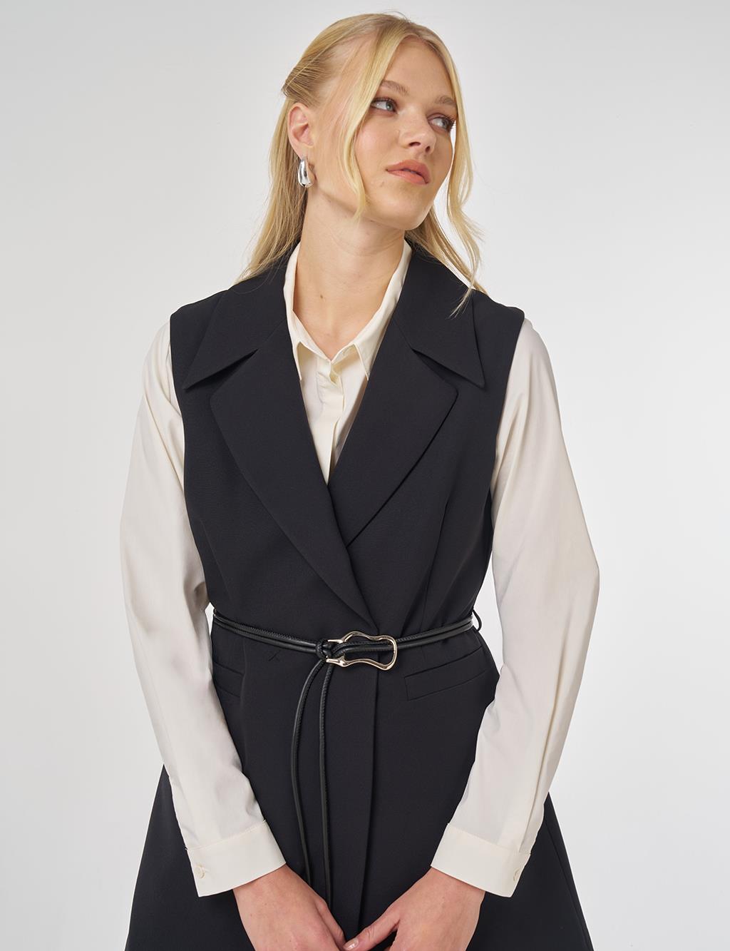 Deri İp Kemer Detaylı Yelekli Takım Siyah 
