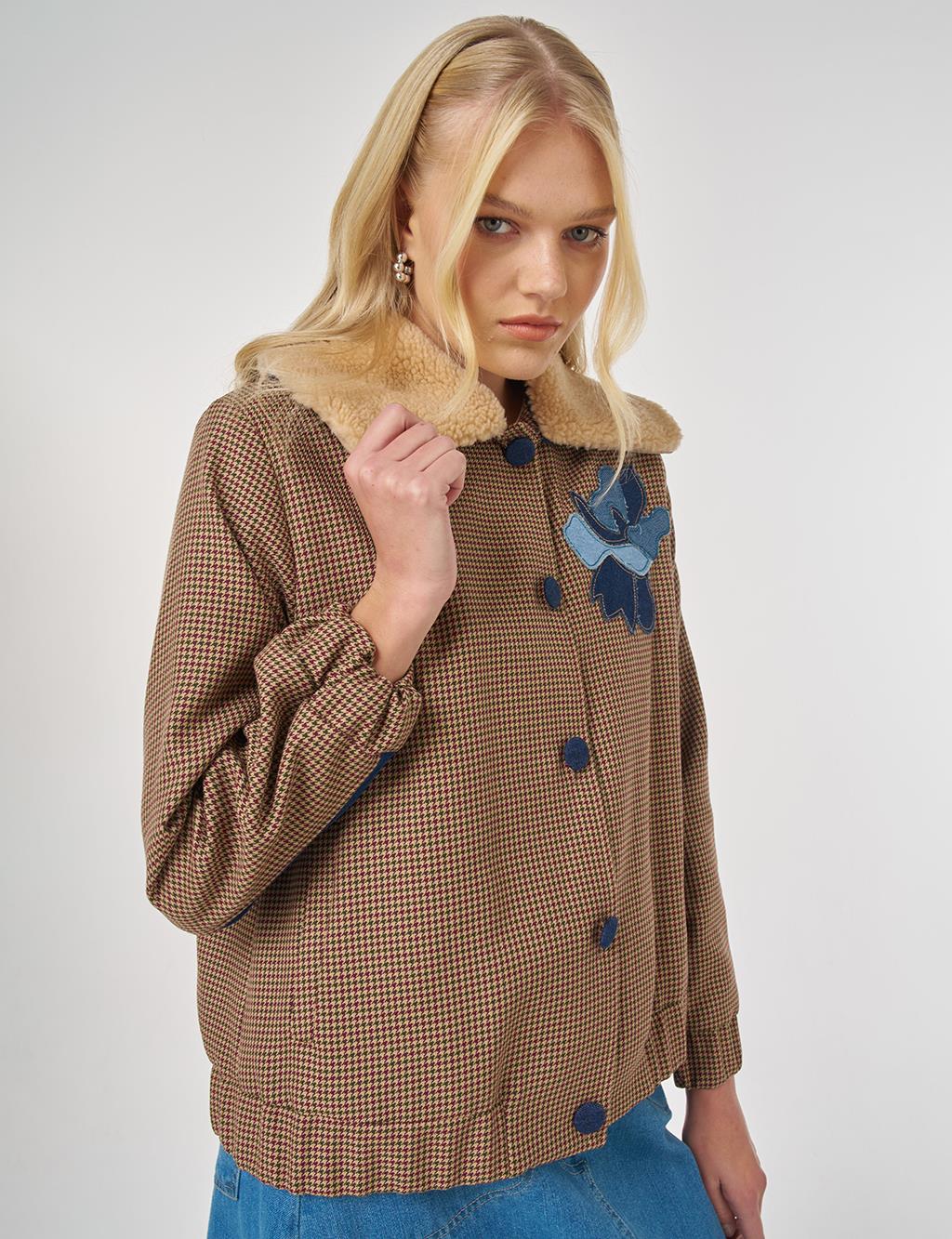 Faux Fur Collar Houndstooth Pattern Jacket Burgundy