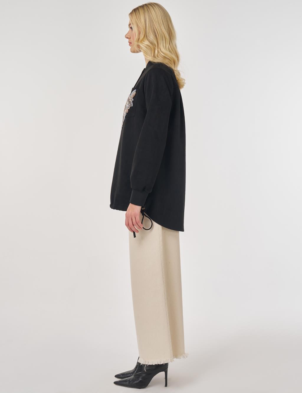 İşlemeli Süet Tunik Siyah