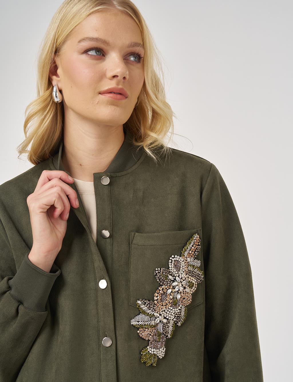 Embroidered Suede Tunic in Dark Khaki