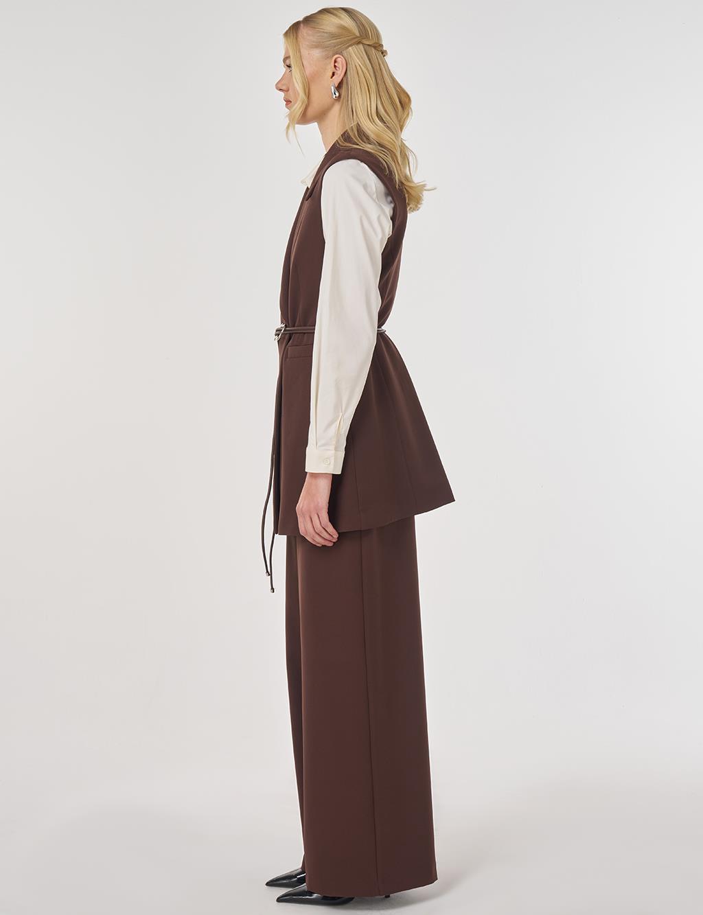 Two-Piece Set with Leather Cord Belt Detail and Vest in Dark Brown