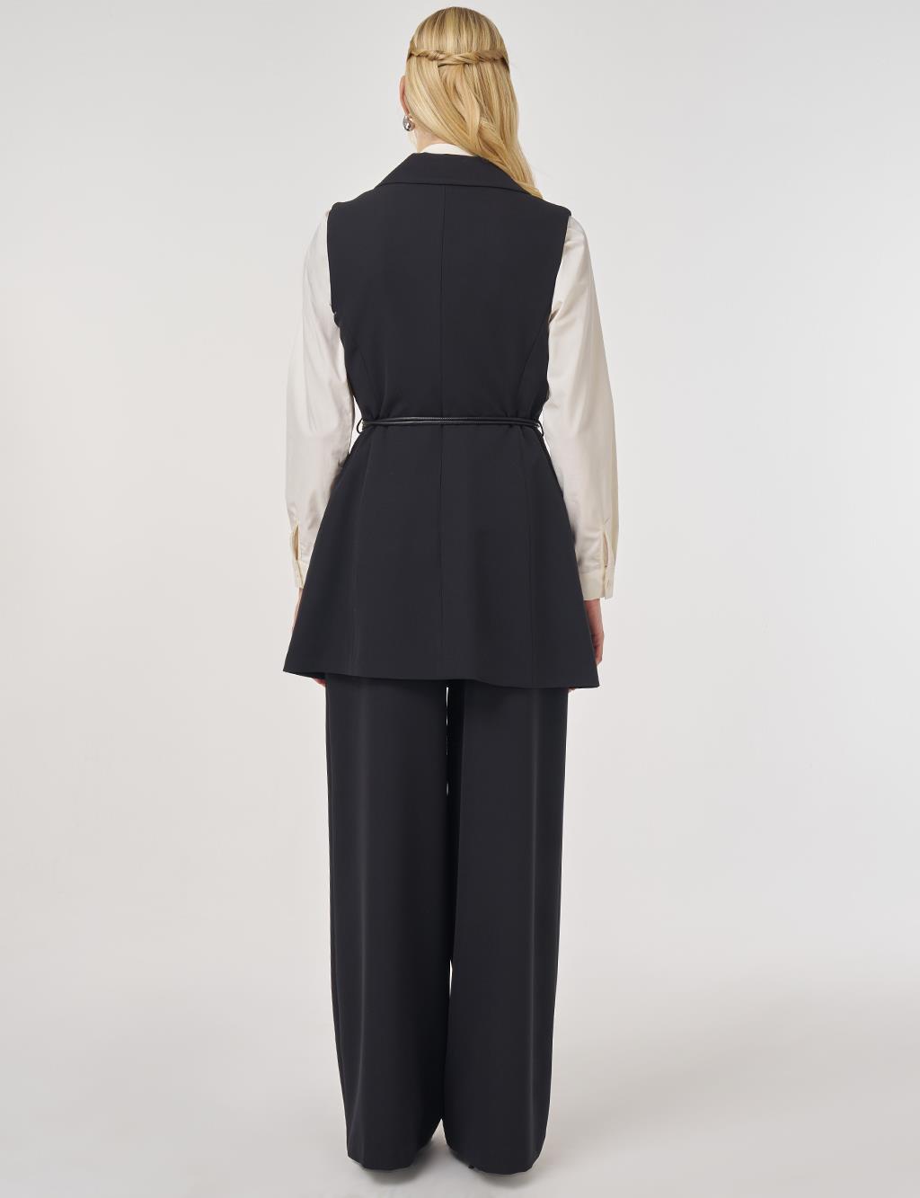 Deri İp Kemer Detaylı Yelekli Takım Siyah 