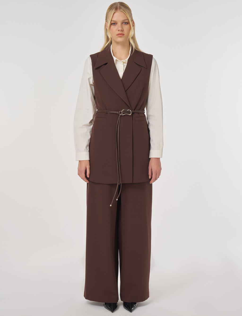 Two-Piece Set with Leather Cord Belt Detail and Vest in Dark Brown