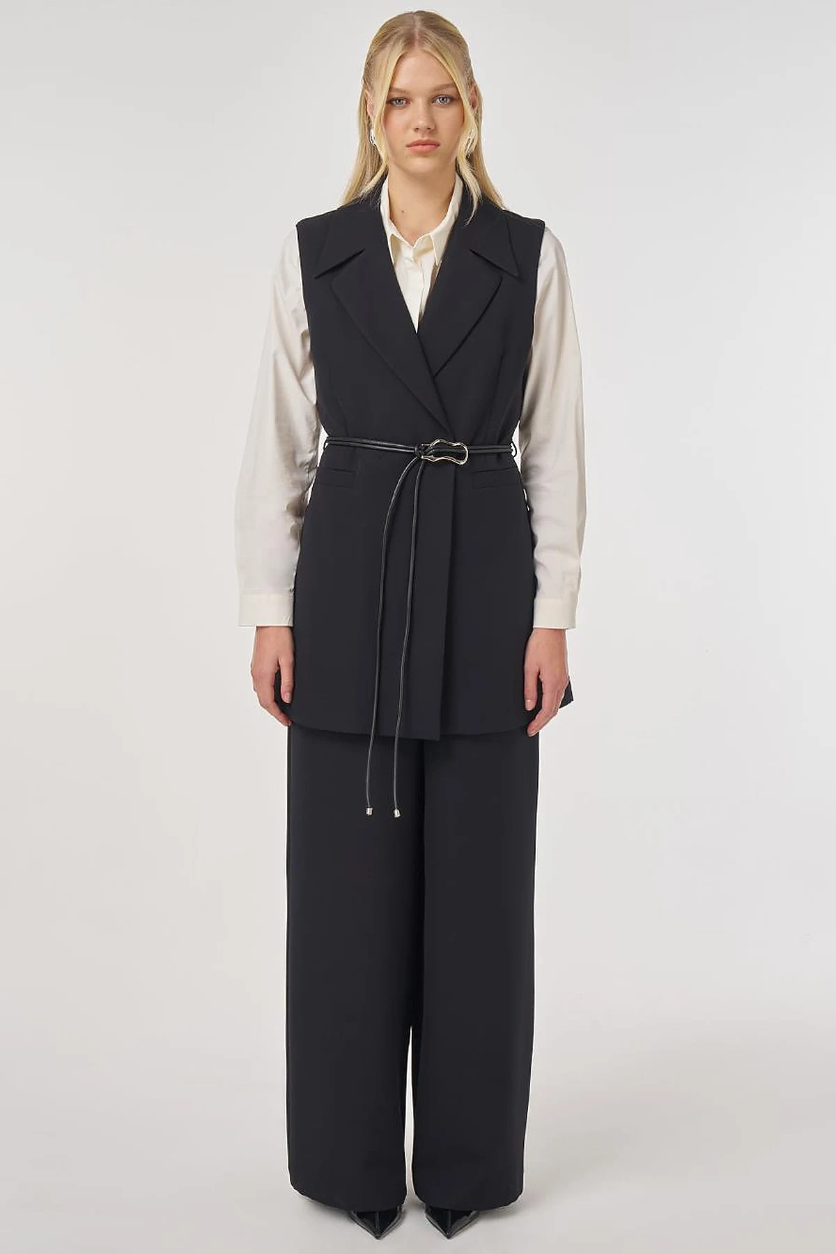 Two-Piece Set with Leather Cord Belt Detail and Vest in Black