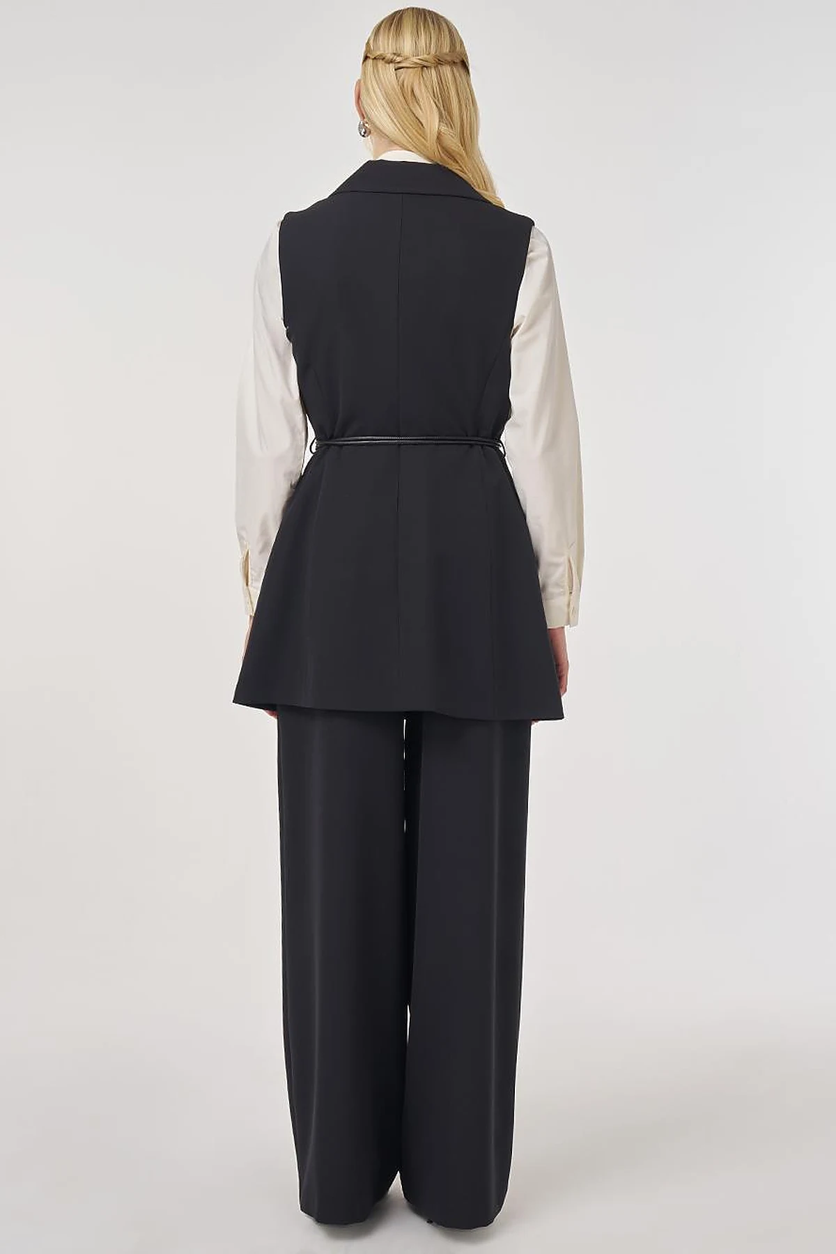 Two-Piece Set with Leather Cord Belt Detail and Vest in Black