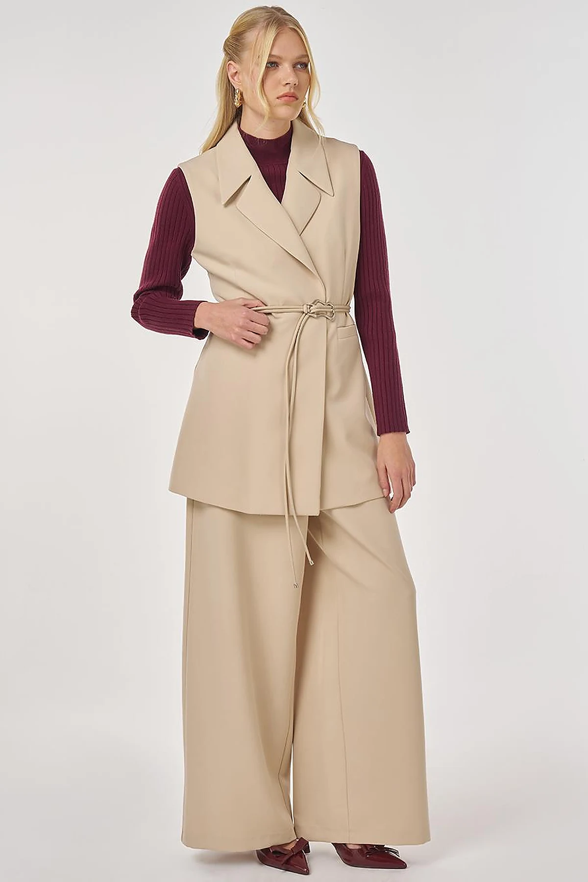 Two-Piece Set with Leather Cord Belt Detail and Vest in Stone 