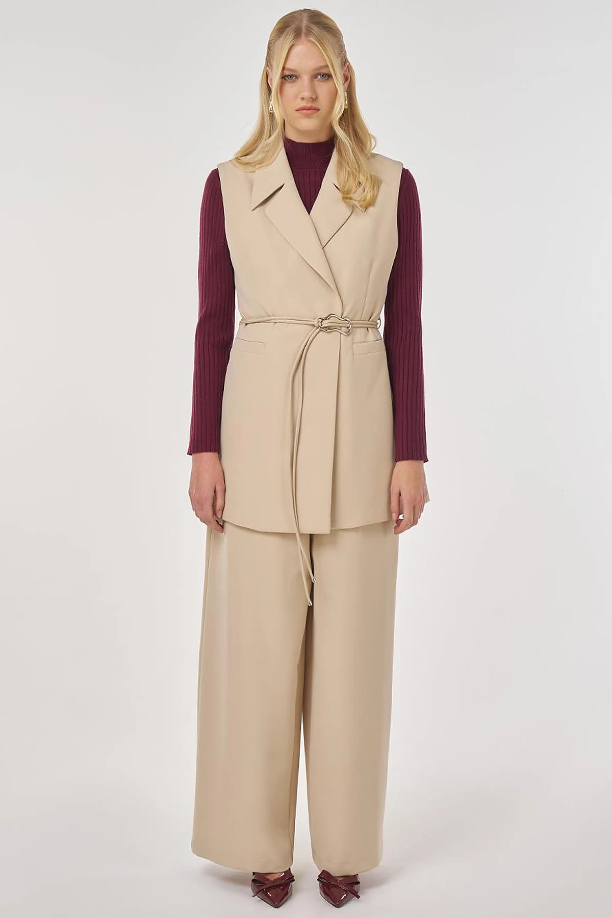 Two-Piece Set with Leather Cord Belt Detail and Vest in Stone 