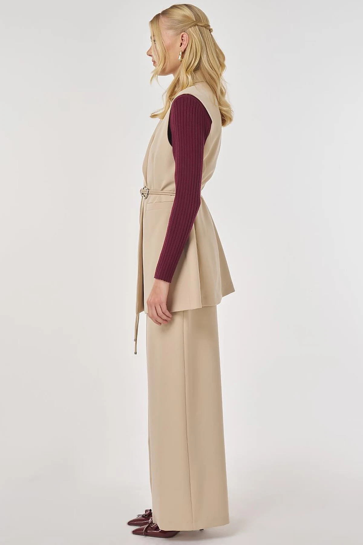 Two-Piece Set with Leather Cord Belt Detail and Vest in Stone 