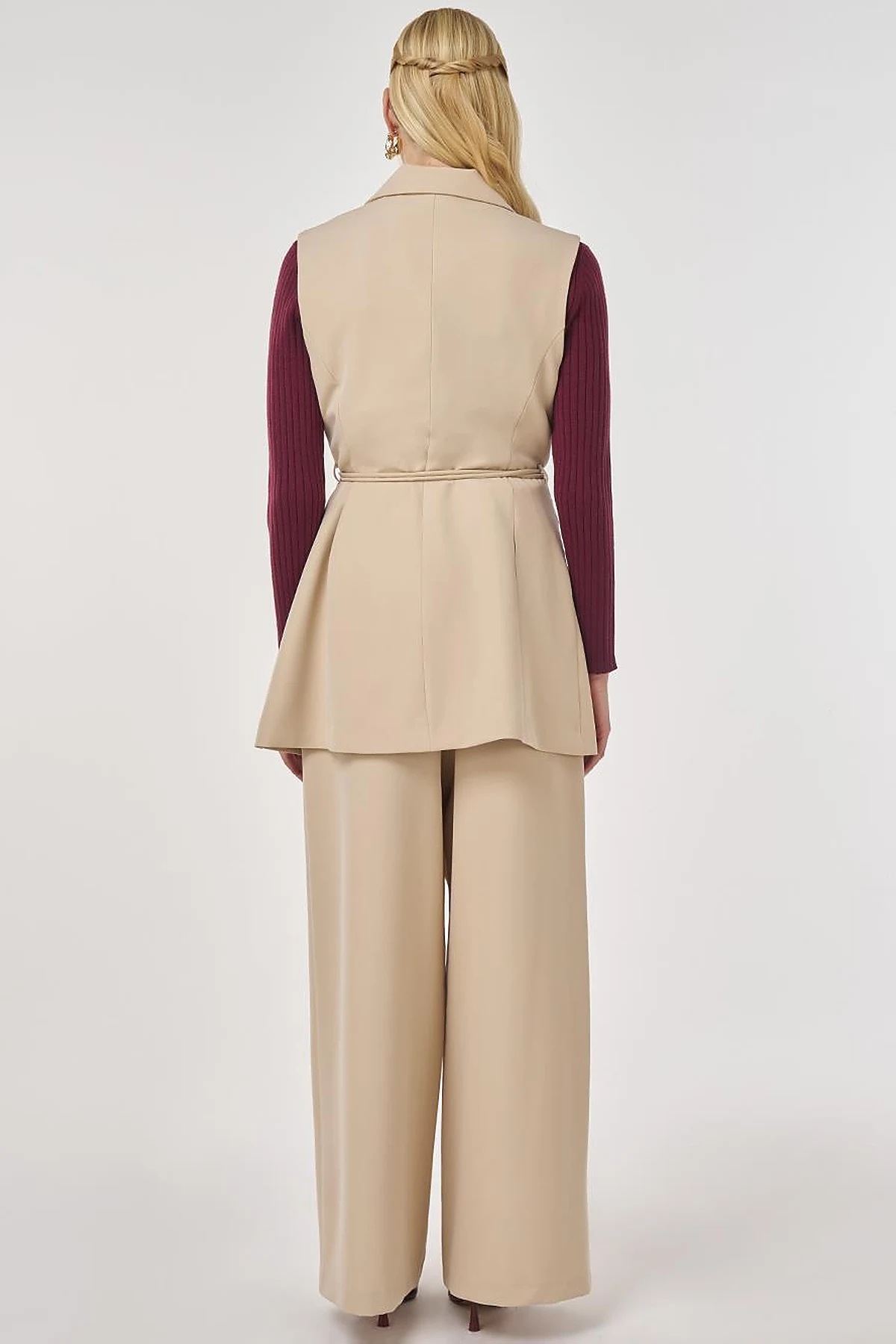 Two-Piece Set with Leather Cord Belt Detail and Vest in Stone 